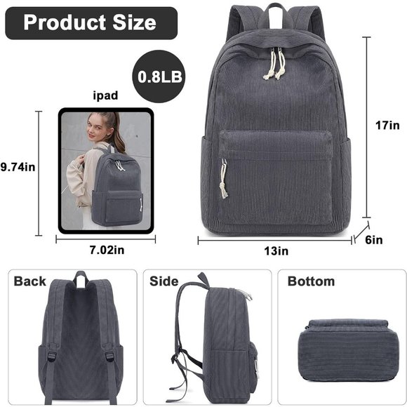 17'' Women Large Lightweight Laptop Casual High Corduroy School Bag - Picture 3 of 9